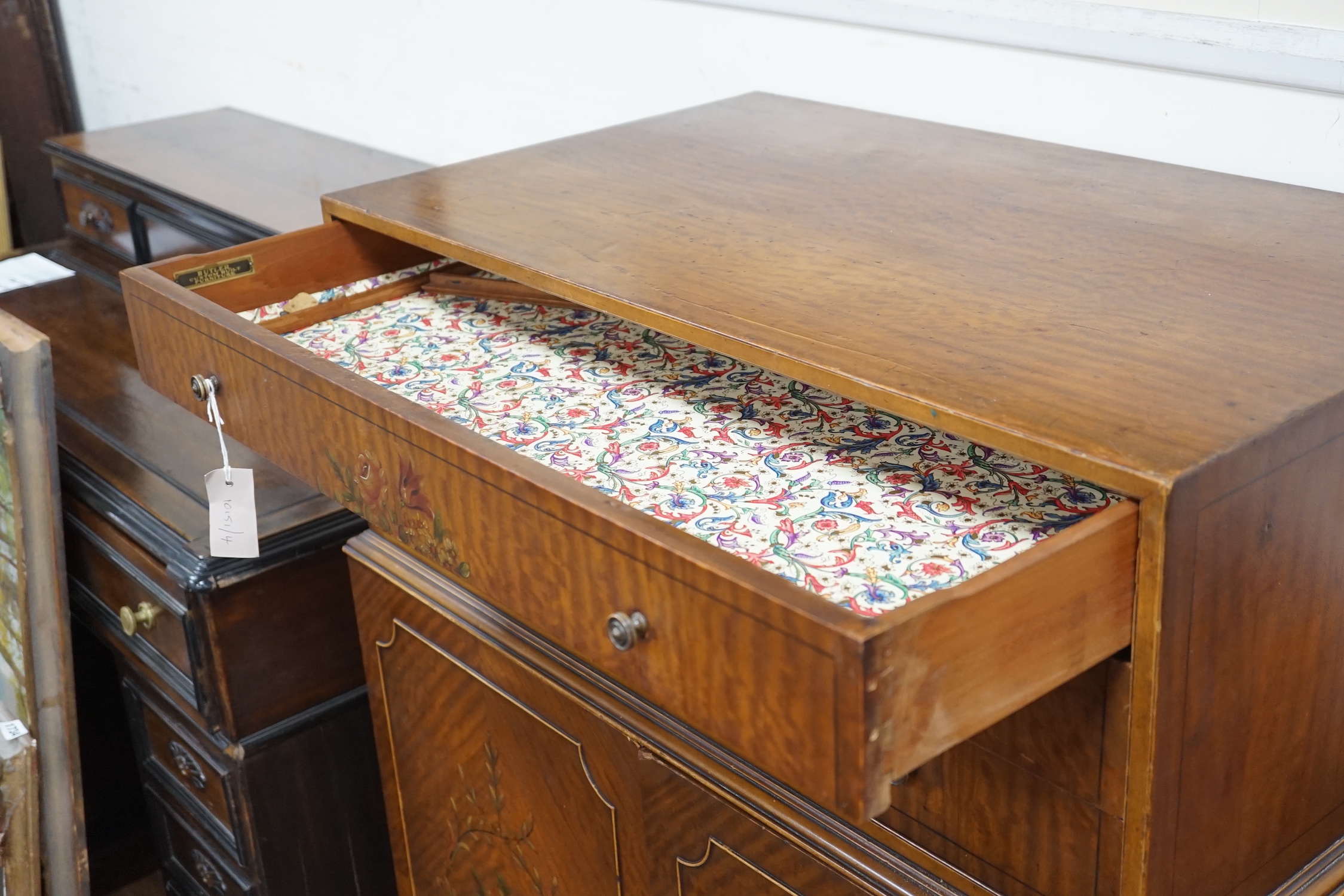 A mid 20th century painted satinwood press cupboard, width 86cm, depth 50cm, height 122cm